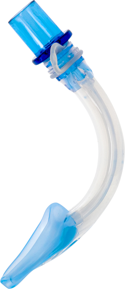 A clear and blue medical airway tube, likely a nasopharyngeal airway, curved and made of flexible plastic.