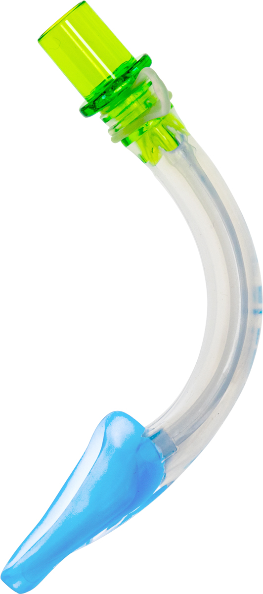 A curved medical airway tube with a green connector and blue mouthpiece on a white background.