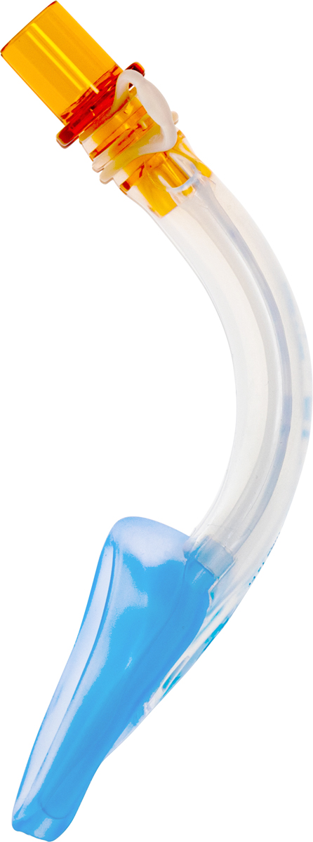 A curved medical airway device with a blue mask and orange connector, used for breathing assistance.