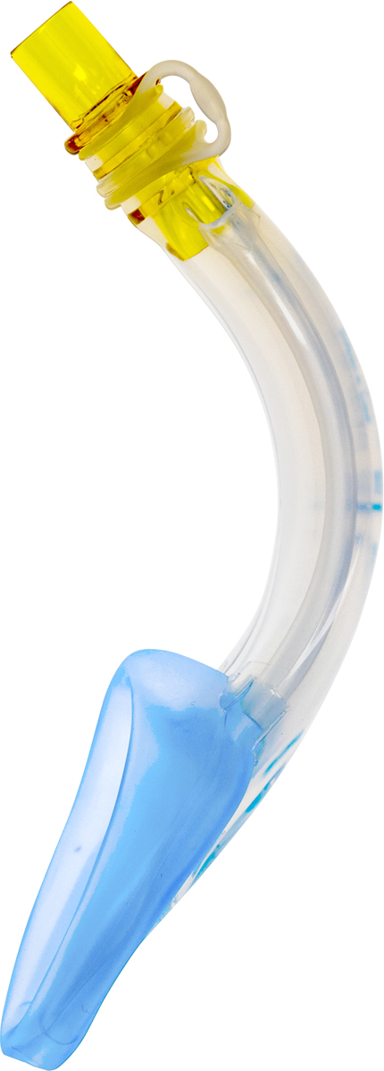 A curved medical airway device with a yellow connector and blue soft tip, isolated on a white background.