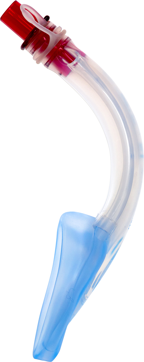 A curved clear medical airway device with a red tip and a blue soft mask section at the bottom.
