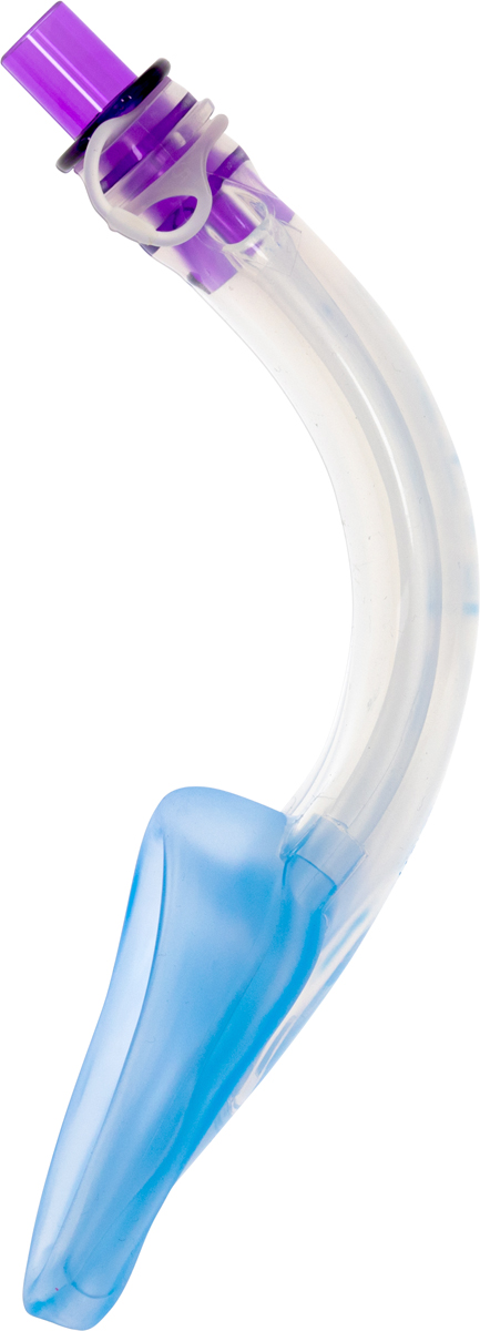 Curved clear plastic laryngeal mask airway with blue and purple components, used for medical airway management.
