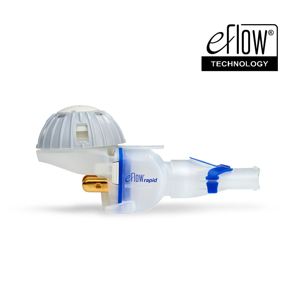 A medical inhaler device labeled "eFlow rapid" with "eFlow TECHNOLOGY" text in the top right corner.