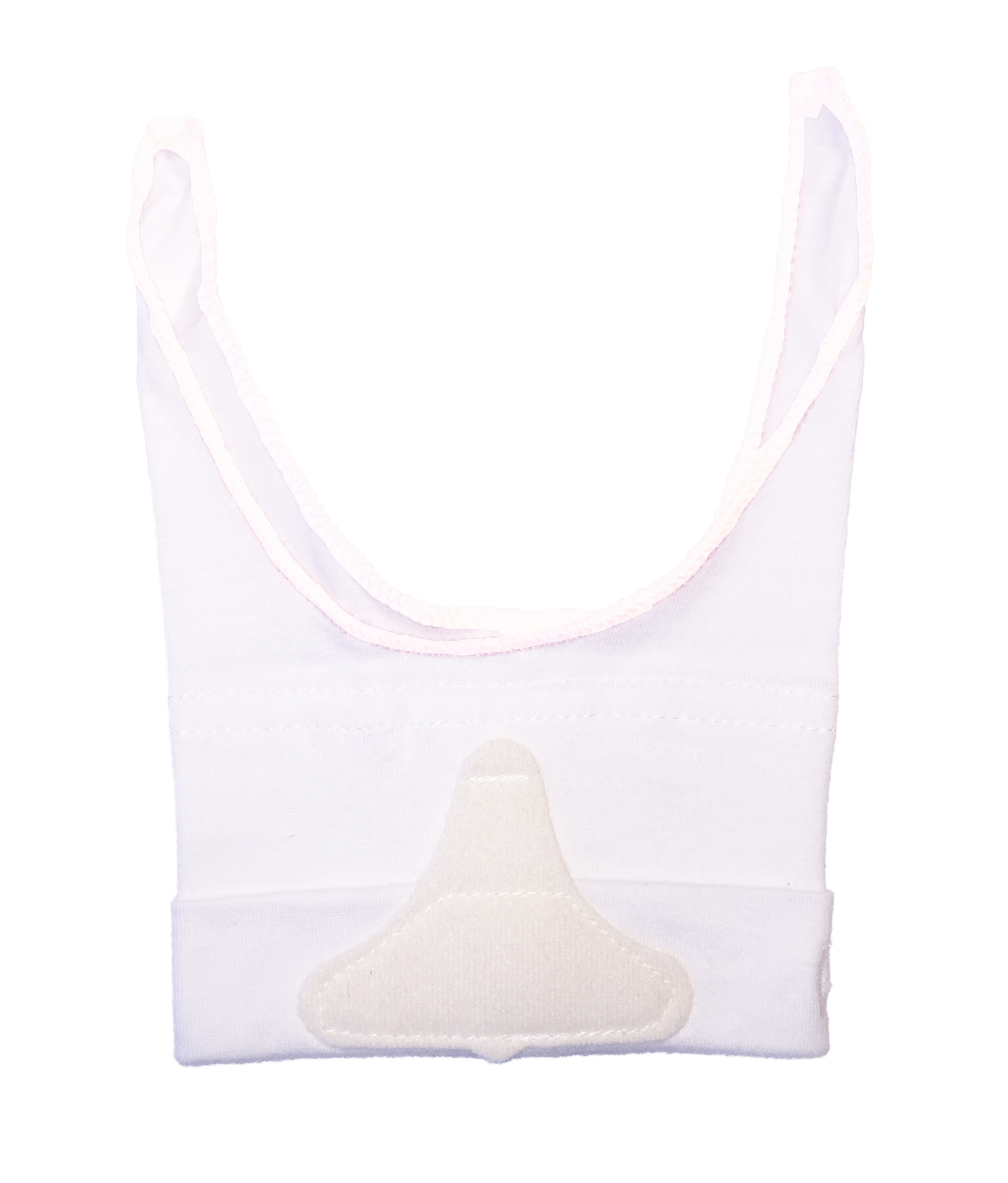 White fabric with ear loops and a beige nose patch, resembling a soft face or nasal mask, on a white background.