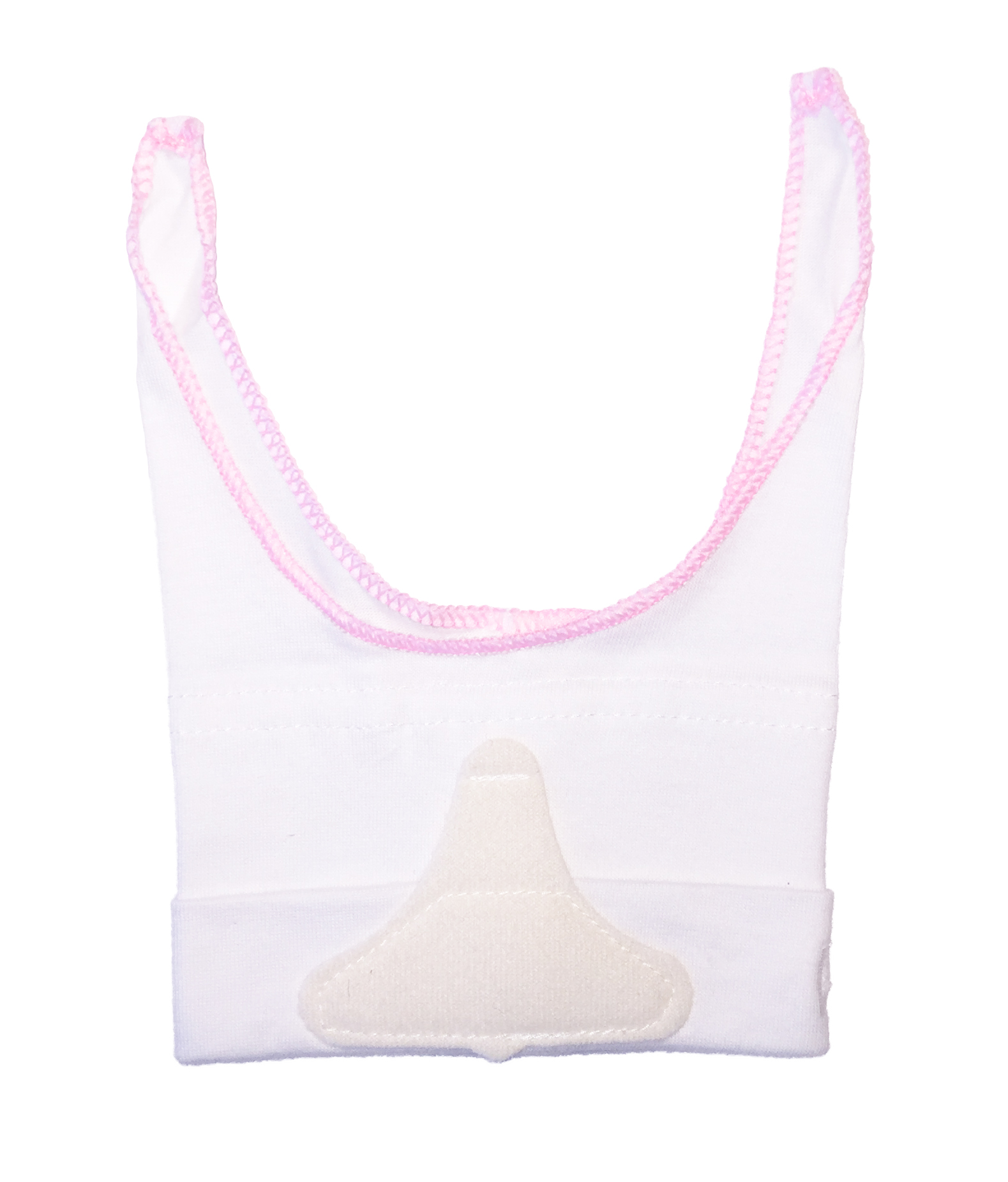 White fabric with pink trim and a beige patch in the center, possibly a baby or pet garment.
