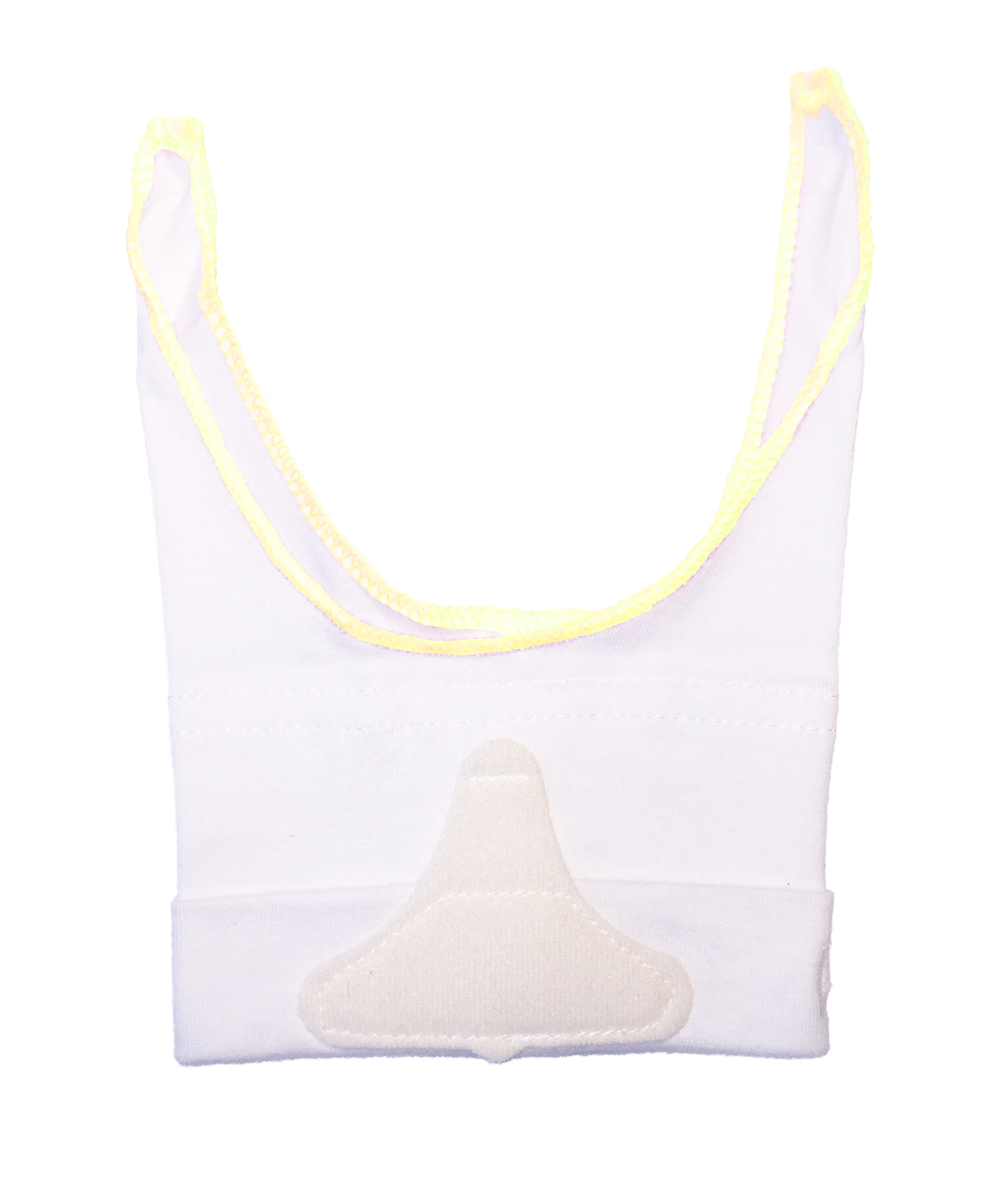 White sleep mask with yellow straps and a cushioned nose pad, isolated on a white background.