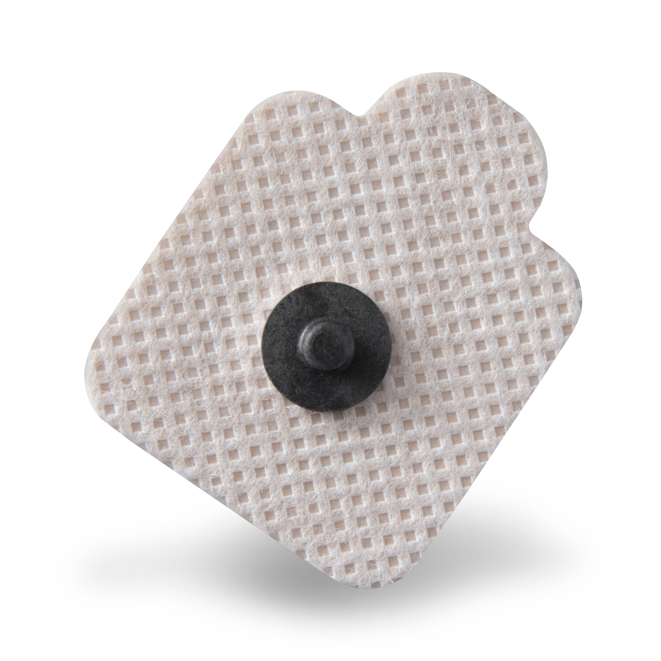 A single adhesive medical electrode patch with a textured surface and a black snap connector in the center.
