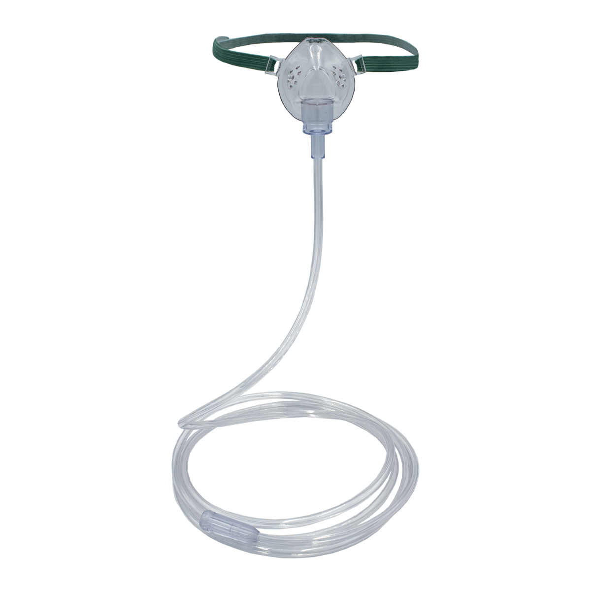 Clear oxygen mask with green elastic strap and attached transparent tubing, used for medical respiratory support.