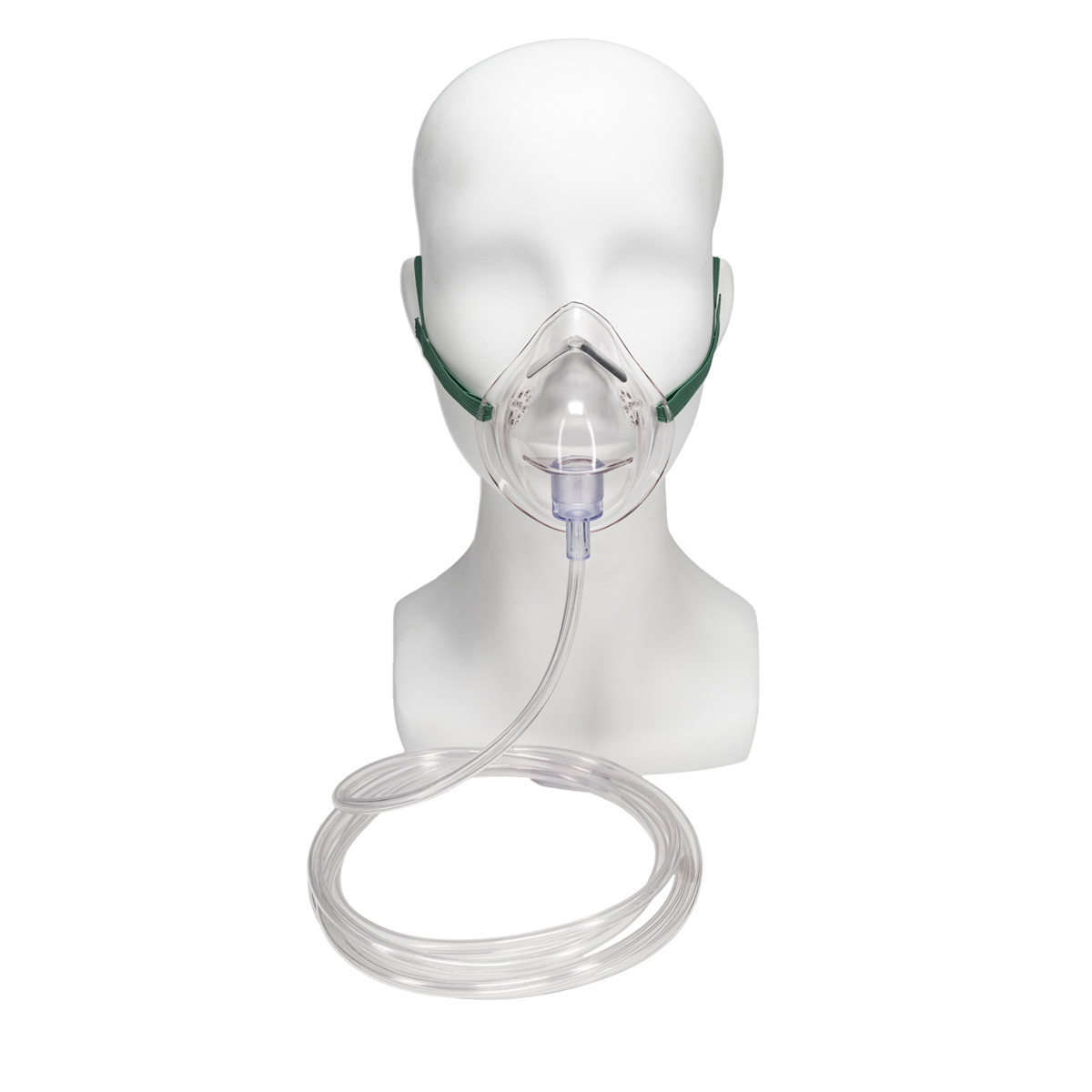 Mannequin head wearing a clear oxygen mask with green straps and attached tubing.
