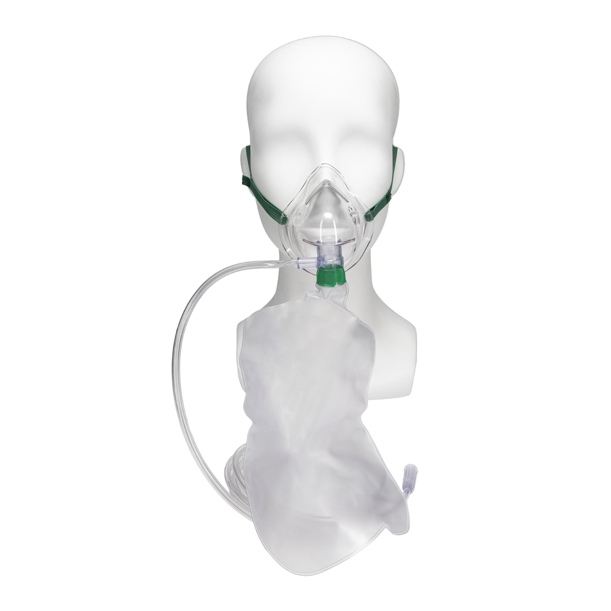 A mannequin head wearing an oxygen mask with a transparent reservoir bag and green strap.