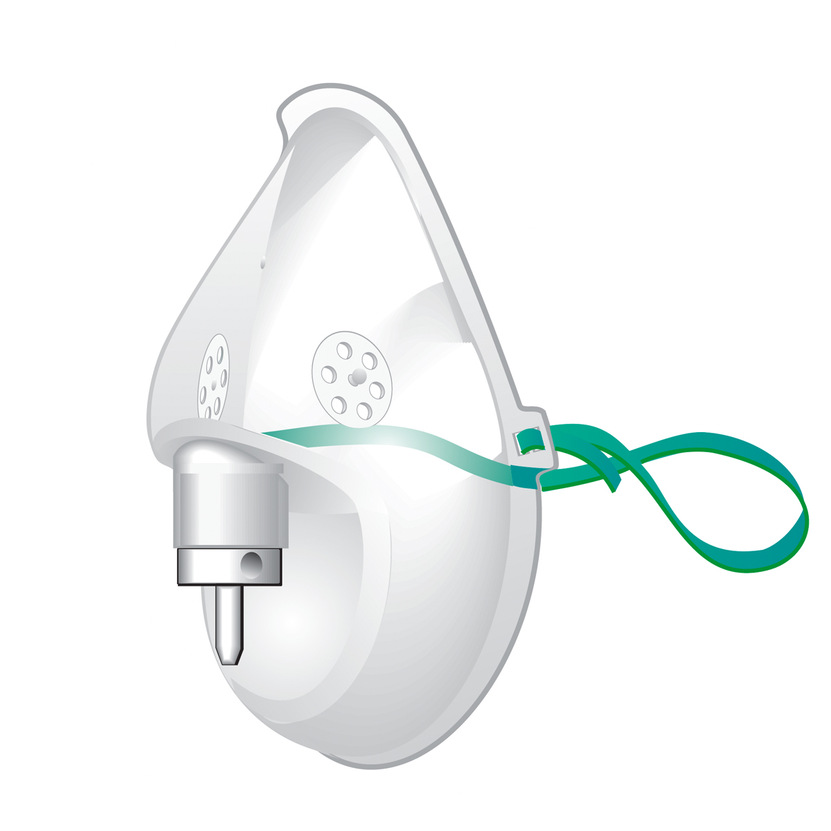 Medical oxygen mask with green elastic strap and side vents, illustrated on a white background.