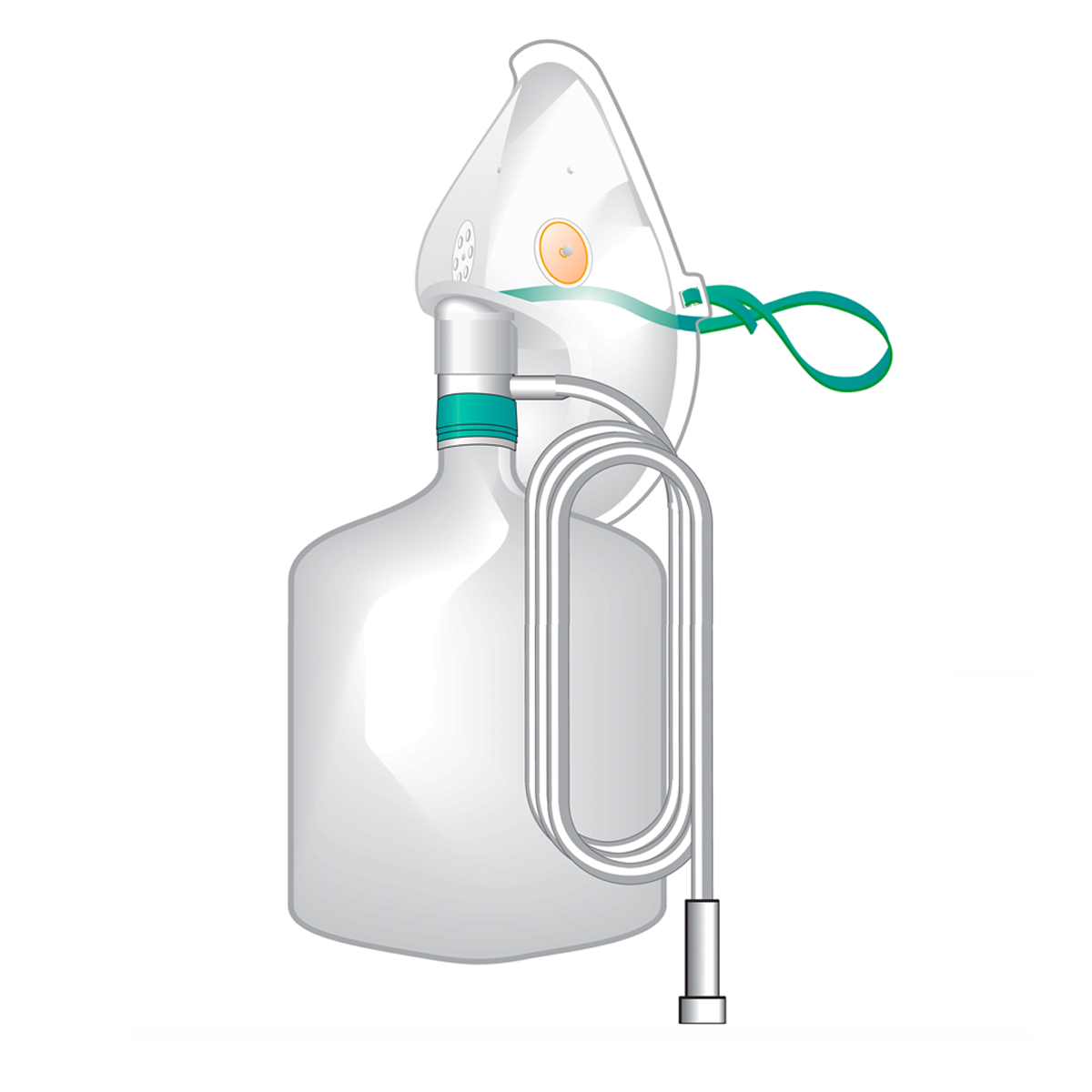 Illustration of a medical nebulizer with a mask, tubing, and a medication chamber on a white background.