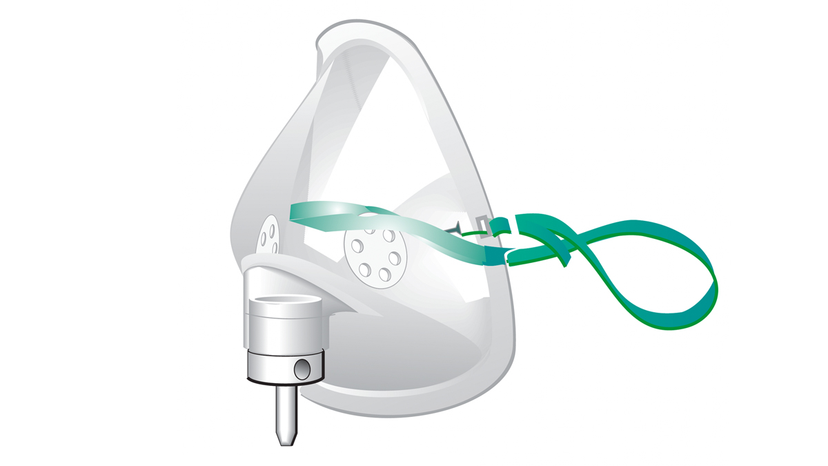 Illustration of a clear oxygen mask with a green strap and attached connector on a white background.
