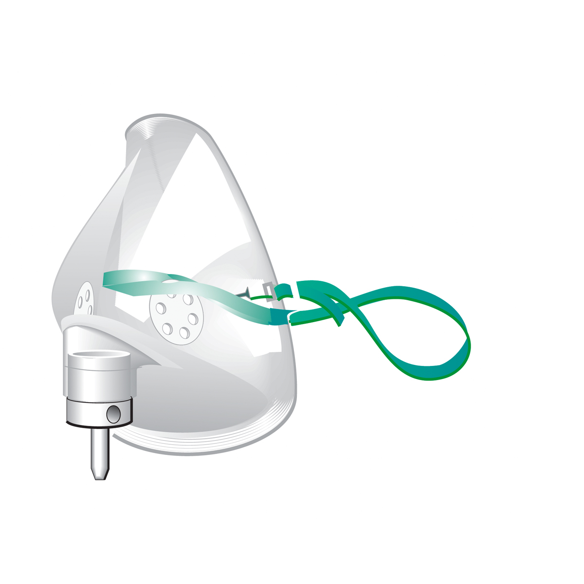 Illustration of an oxygen mask with green elastic straps on a white background.