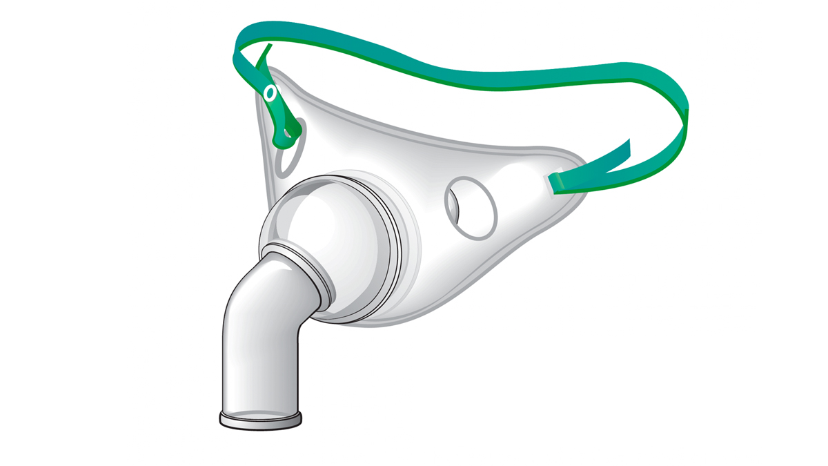 Illustration of a clear oxygen mask with a green strap and a tube connector for medical use.