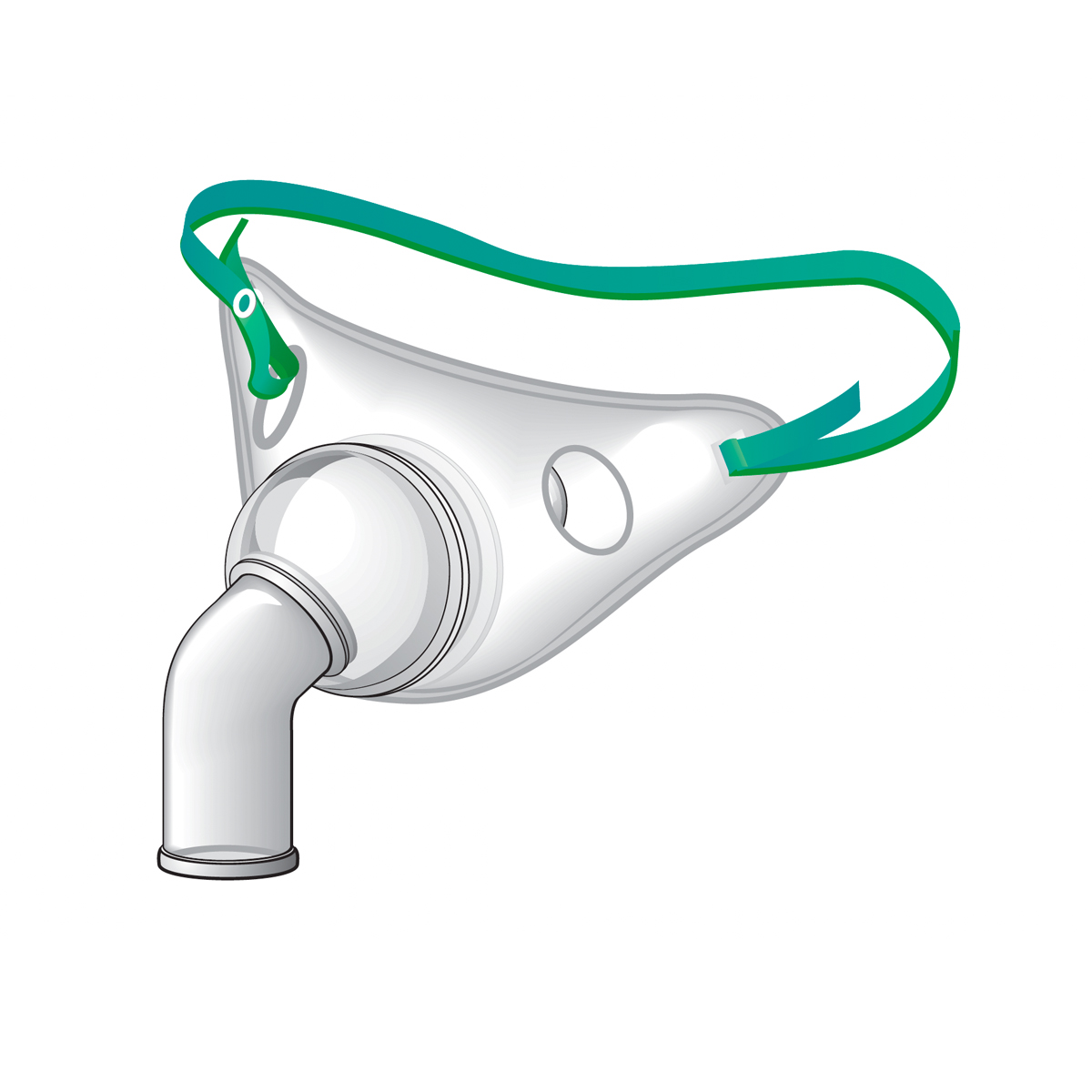 Illustration of an oxygen mask with a green strap and a plastic tube attachment on a white background.