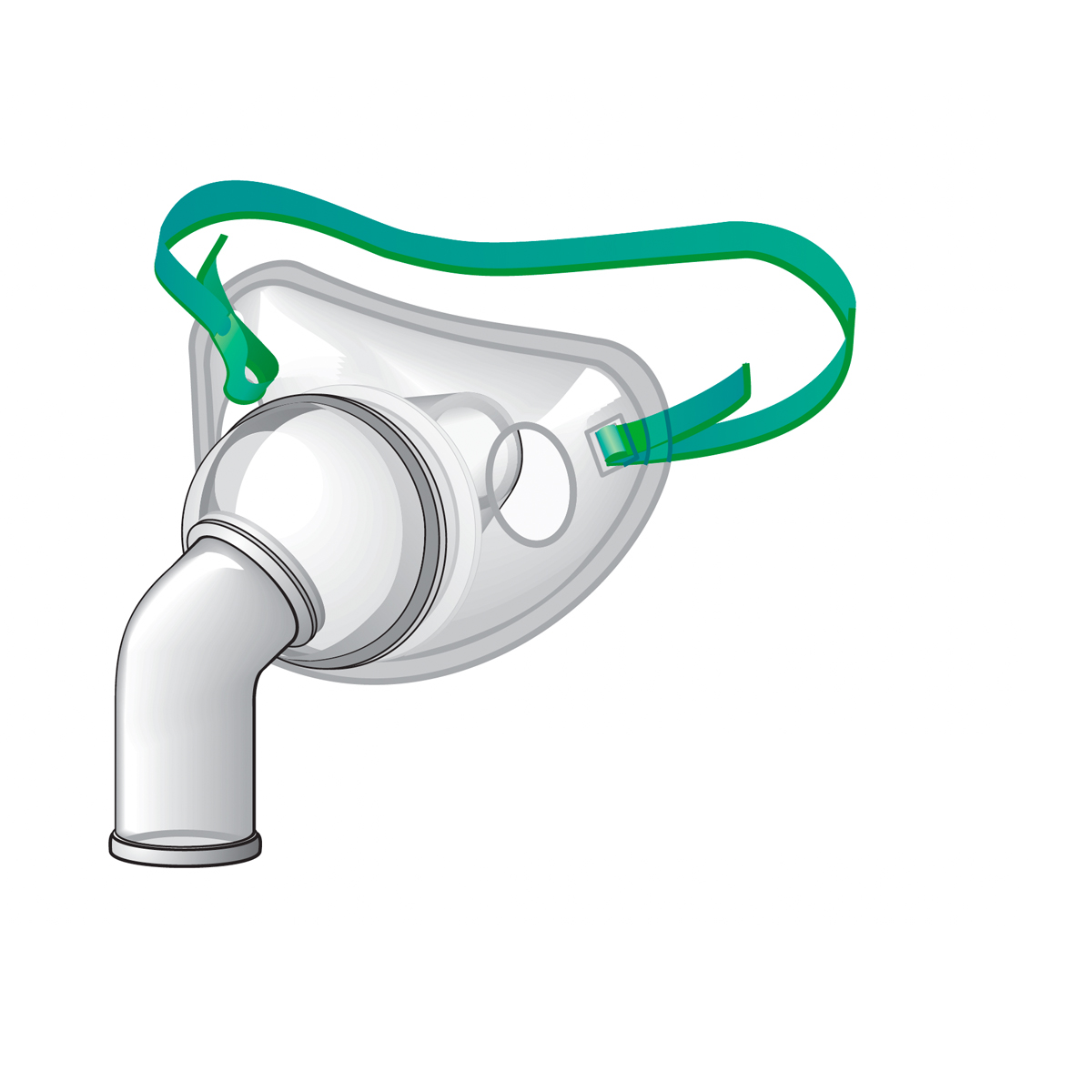 Illustration of an oxygen mask with a green strap and a white connector tube.