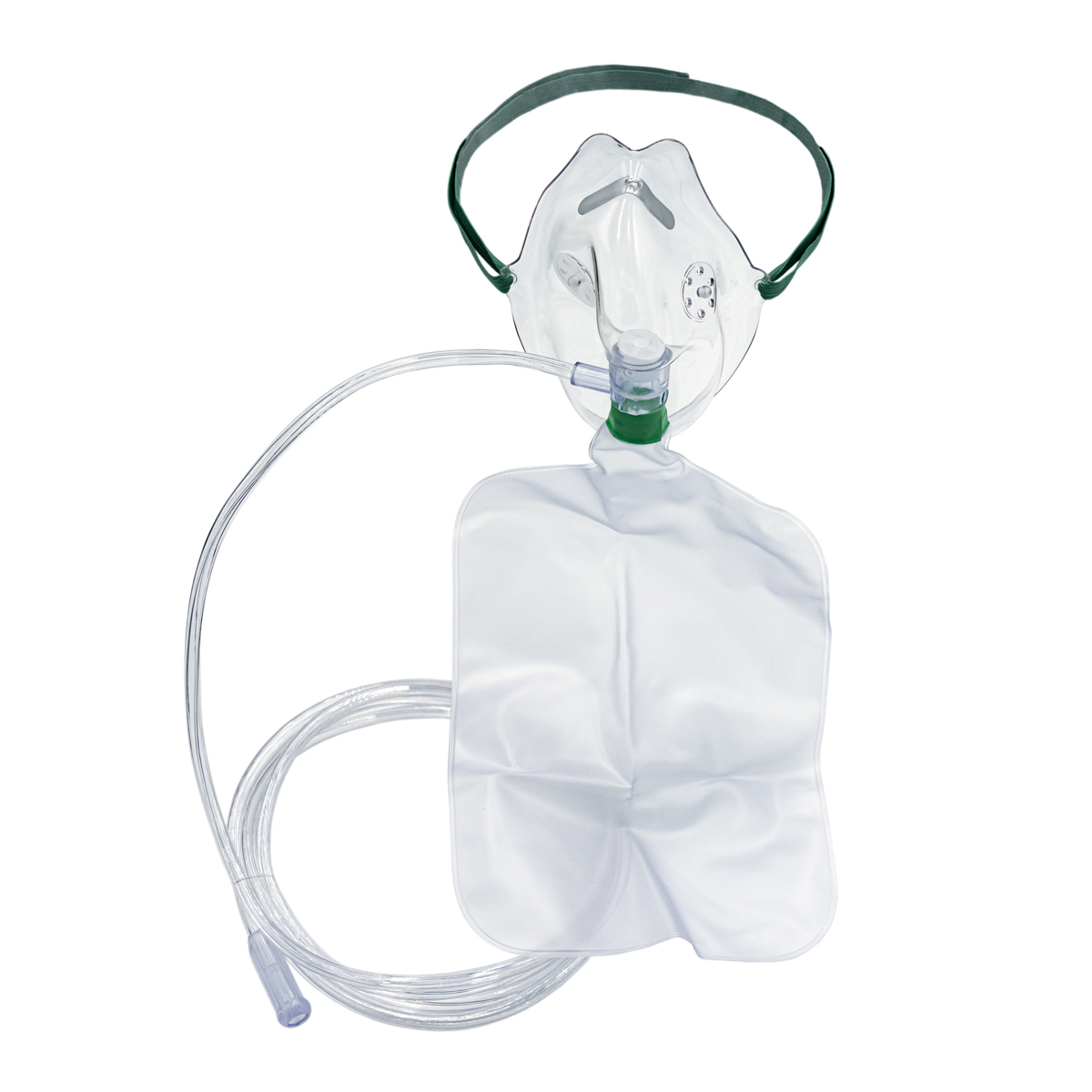 A clear oxygen mask with a green strap, attached to a plastic tube and a white reservoir bag.