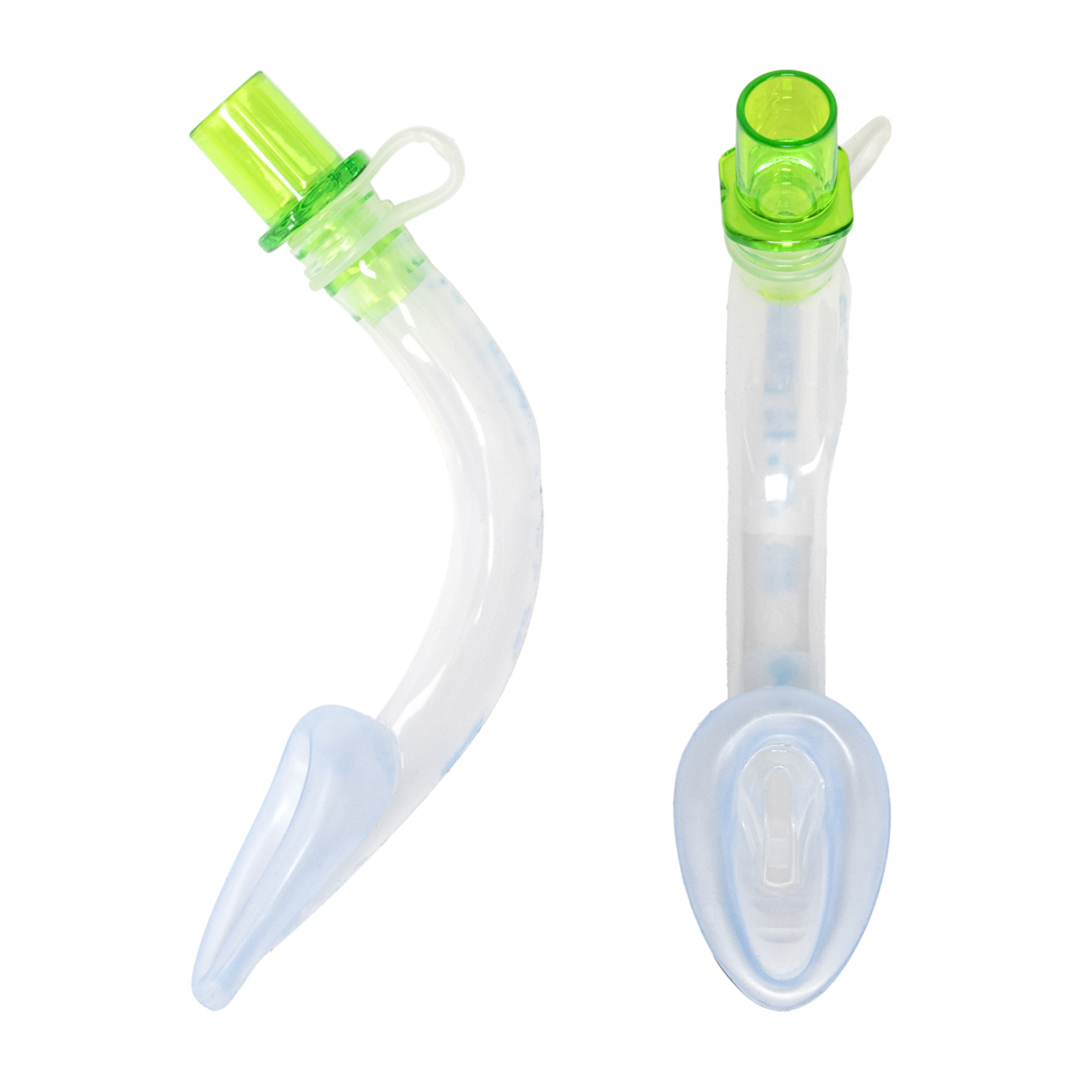 Two clear and green medical airway tubes with soft curved blue tips, shown from side and top views.