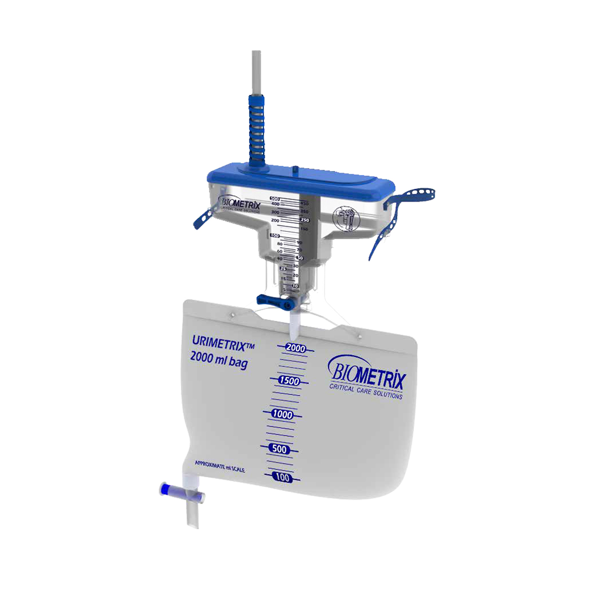 Medical urine drainage bag labeled URIMETRIX 2000 ml bag by Biometrix with blue markings and tubing attached.