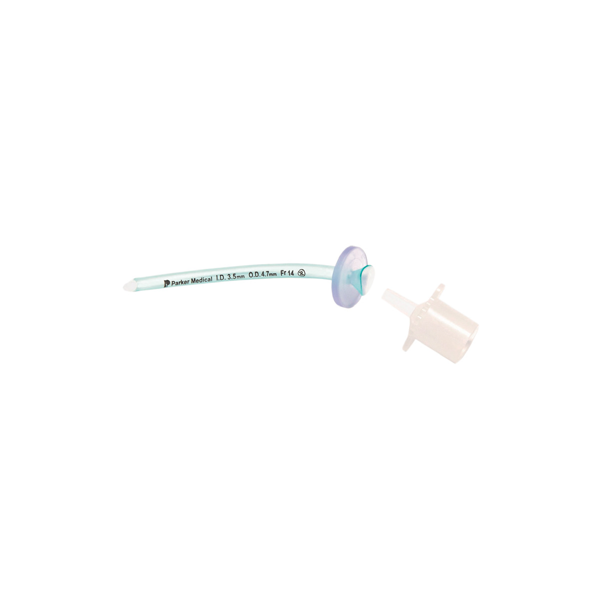 A medical tracheostomy tube with a clear connector and a blue flange on a white background.