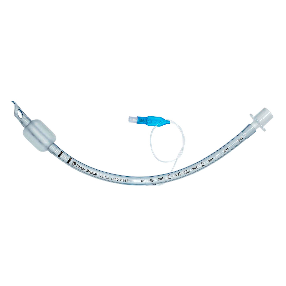 A clear medical endotracheal tube with a curved shape, inflation cuff, and blue pilot balloon.