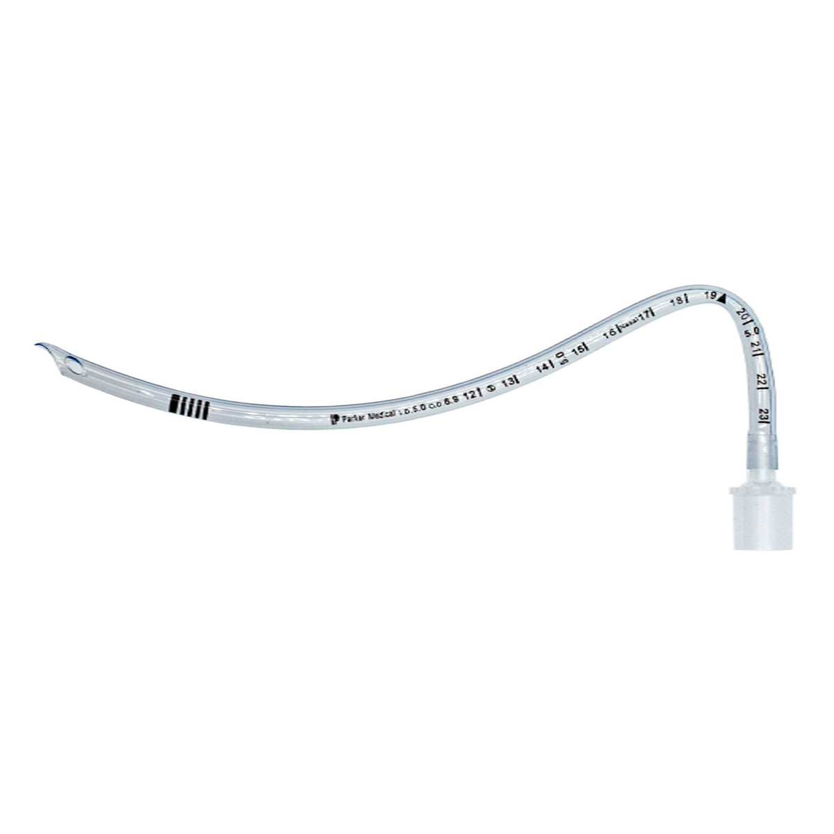 A clear plastic medical endotracheal tube with black markings and a connector at one end.