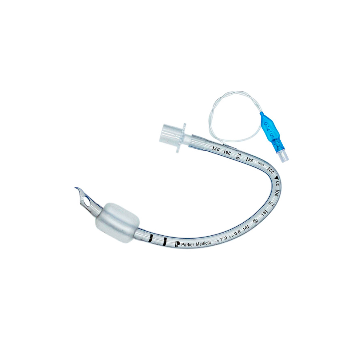 A medical endotracheal tube with a cuff, connector, and pilot balloon on a white background.