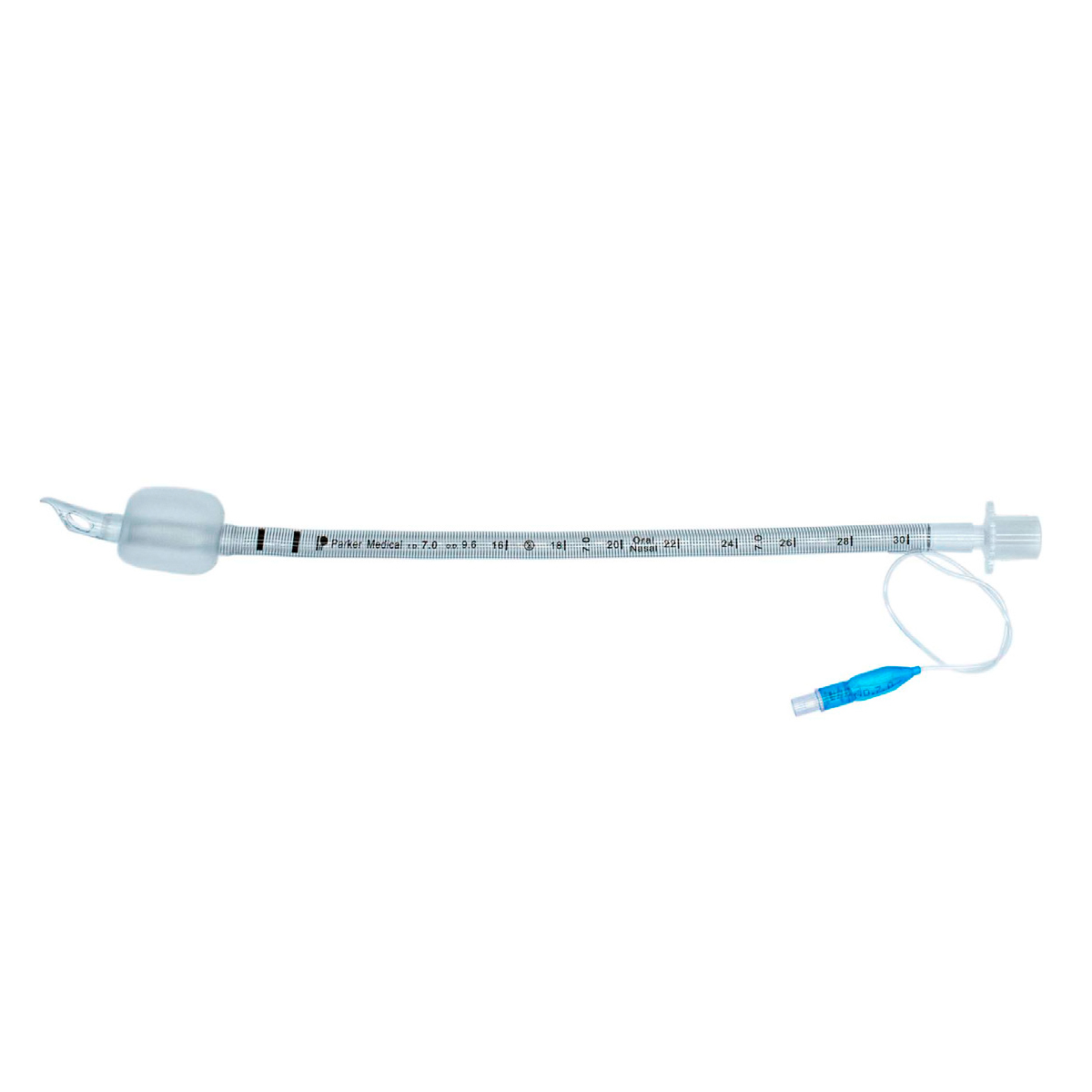 A medical endotracheal tube with a cuff and blue inflation valve on a white background.