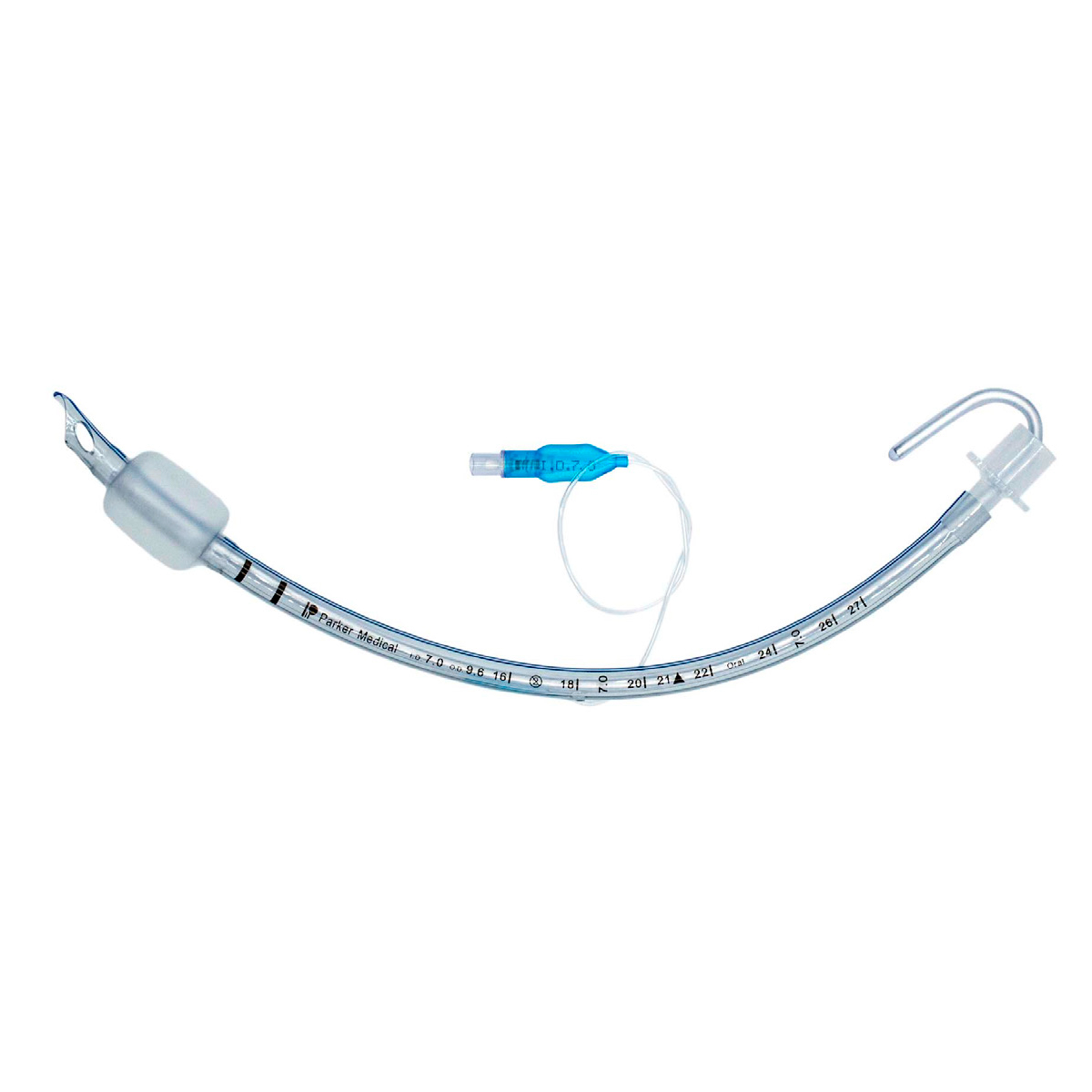 A clear medical endotracheal tube with a cuff, blue inflation valve, and curved shape on a white background.
