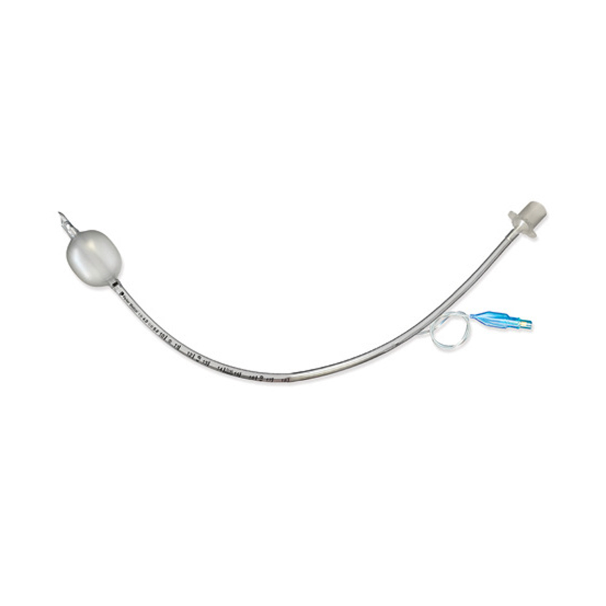 A clear medical endotracheal tube with an inflatable cuff and attached blue valve on a white background.
