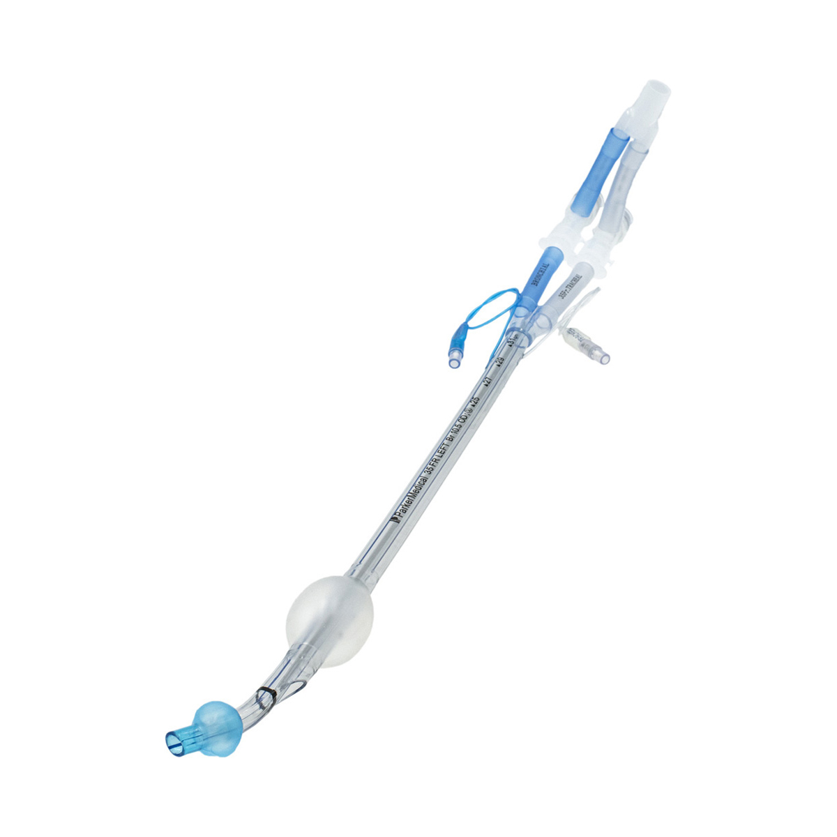 Clear medical endotracheal tube with blue connectors and balloon cuff, used for airway management.