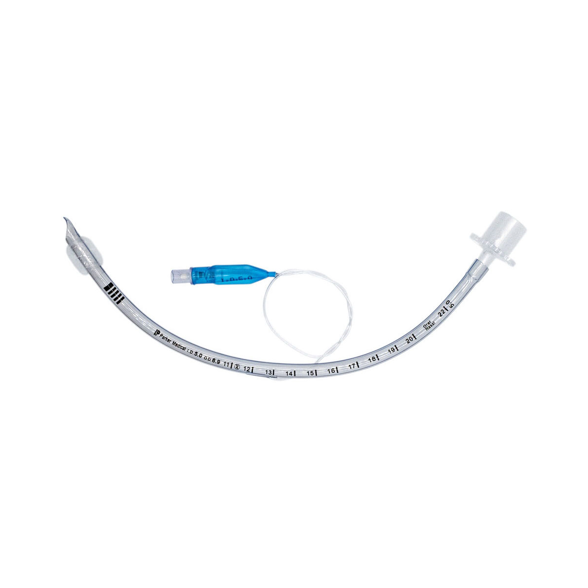 Curved endotracheal tube with measurement markings and an attached blue inflatable cuff on a white background.