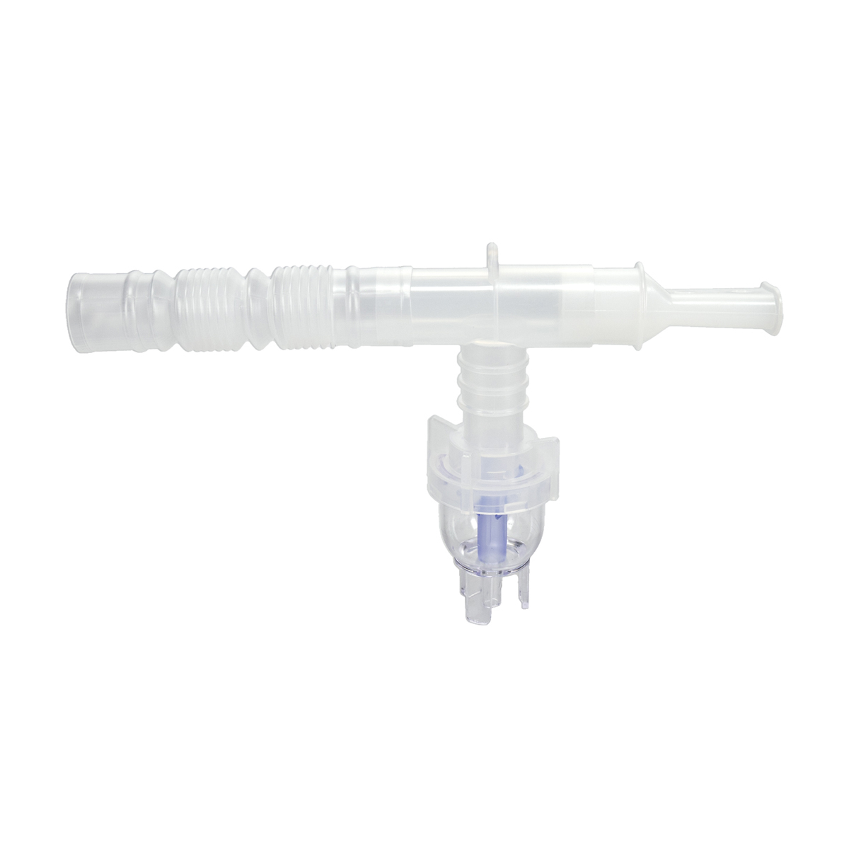 Clear plastic breathing circuit nebulizer T-piece with tube connector, used in respiratory treatments.