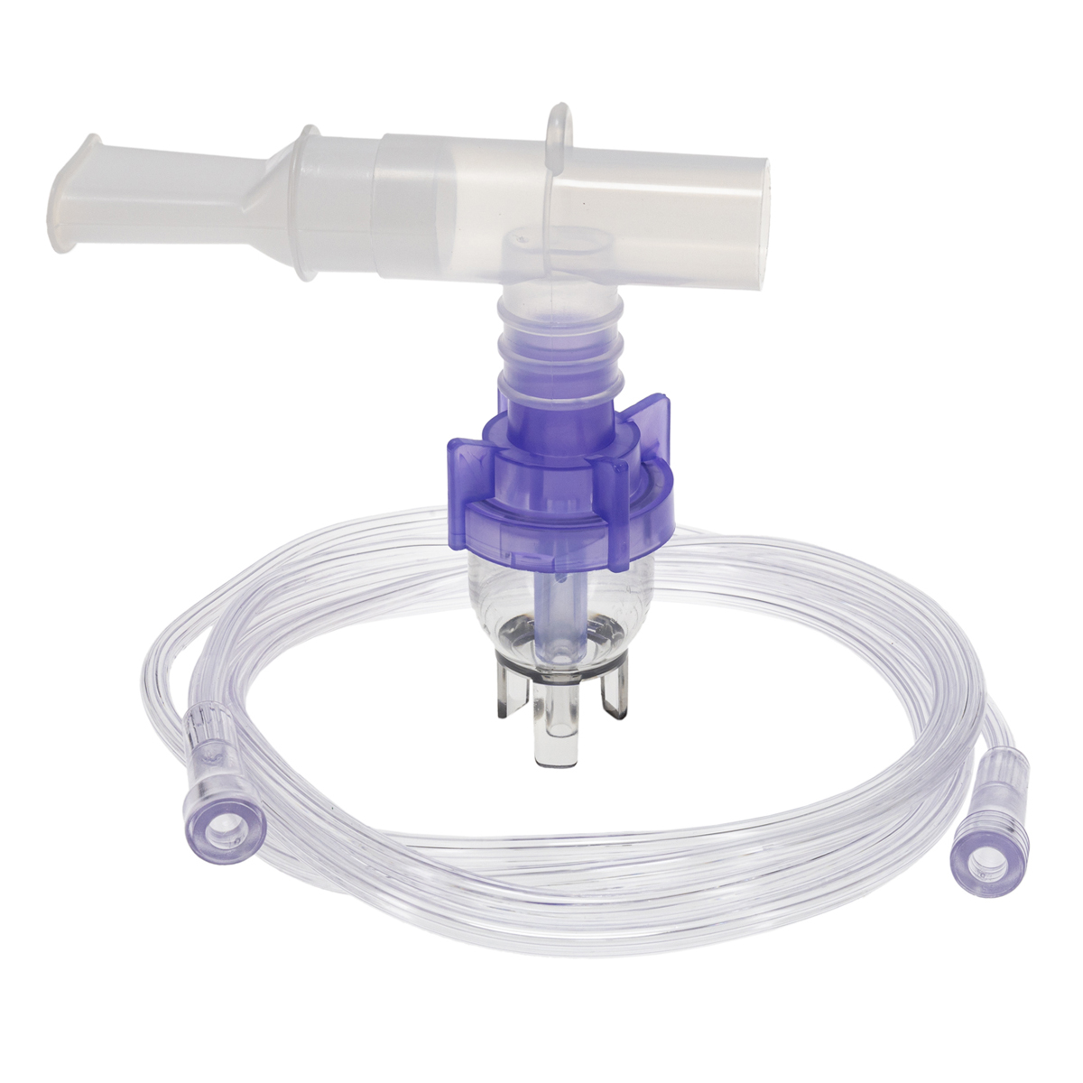 A nebulizer mouthpiece with tubing and a purple medication chamber on a white background.