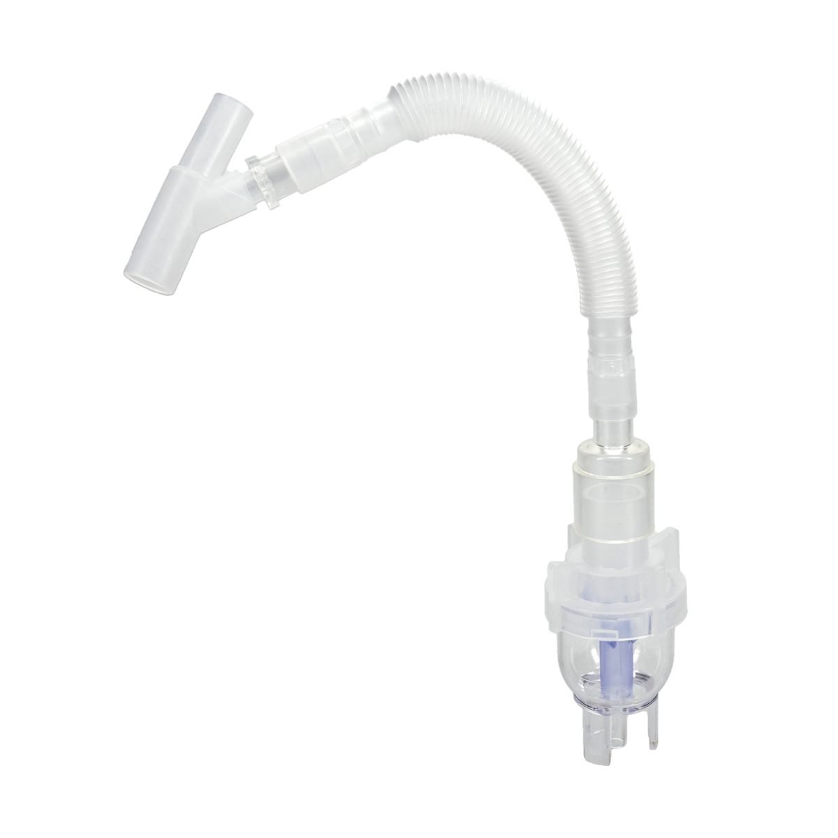Transparent nebulizer kit with T-piece, flexible tubing, and medication chamber on a white background.