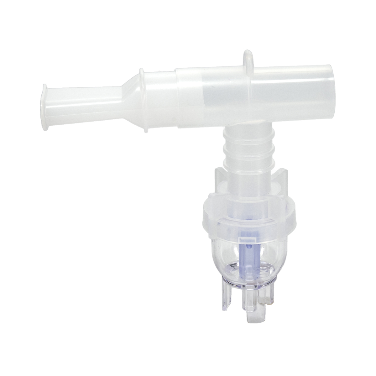 Clear plastic nebulizer medicine cup with mouthpiece, used for respiratory treatments, on white background.