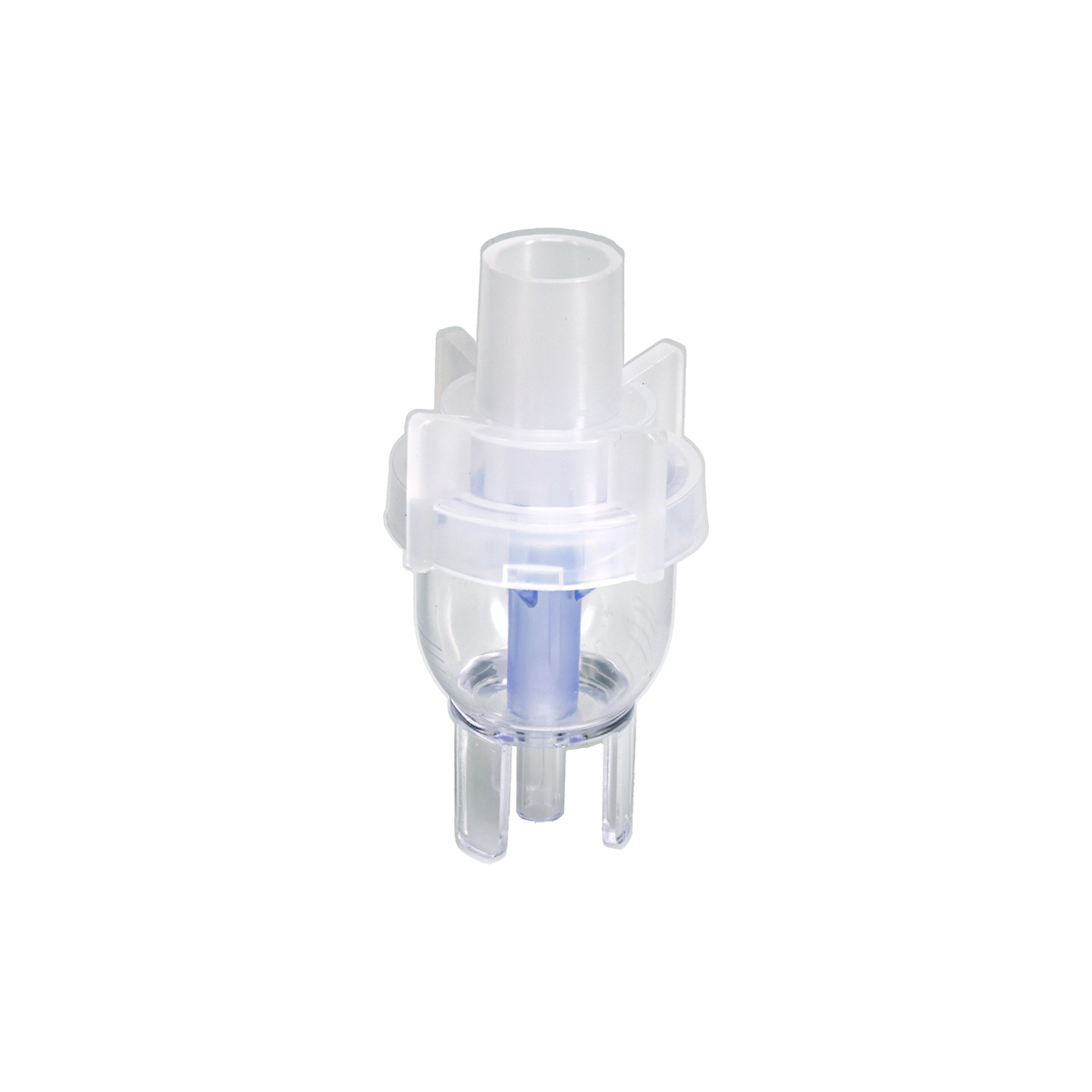 Clear plastic medical nebulizer part with a blue inner tube, shown against a white background.