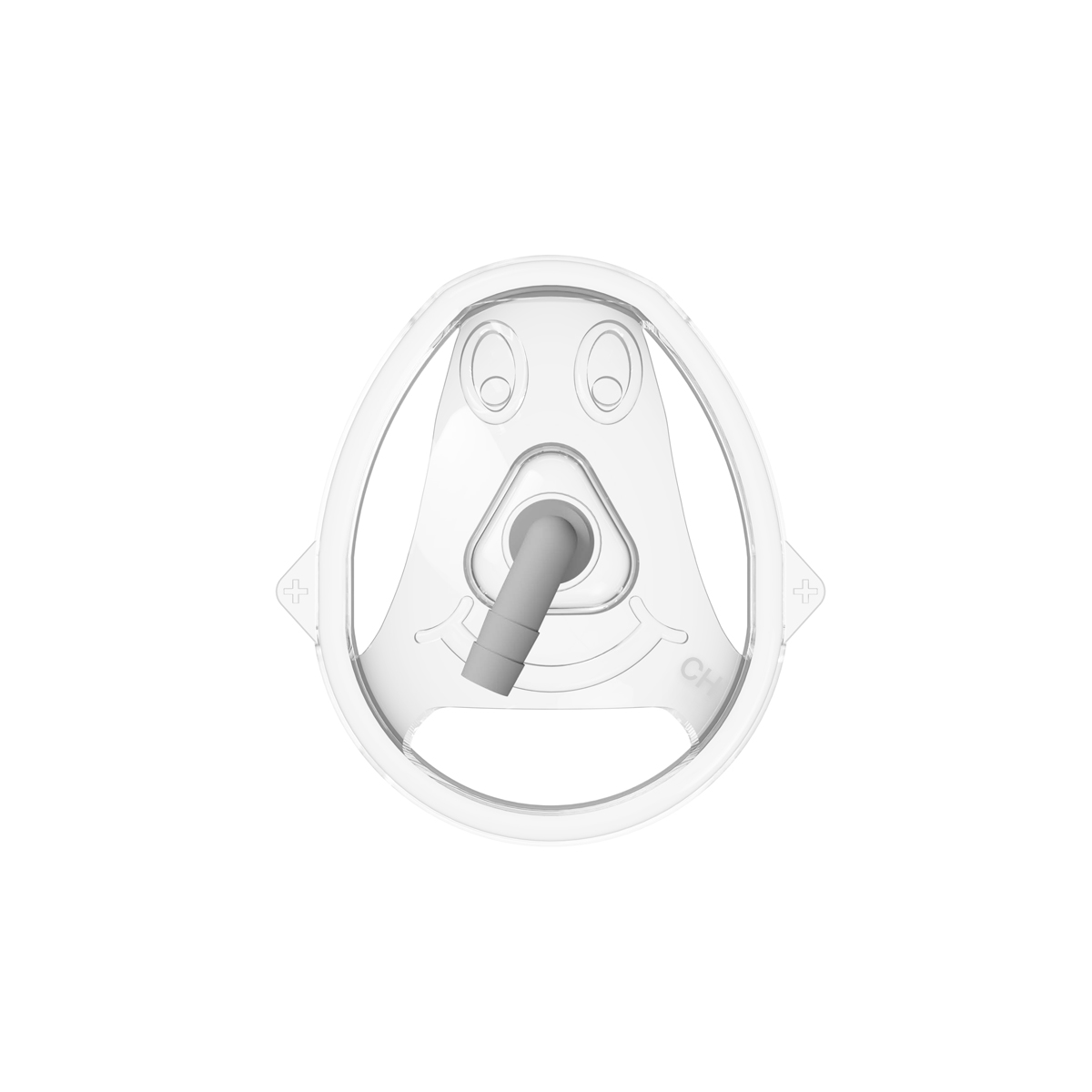 Clear face mask with a cartoon-style smiley face design, used for medical or respiratory purposes.