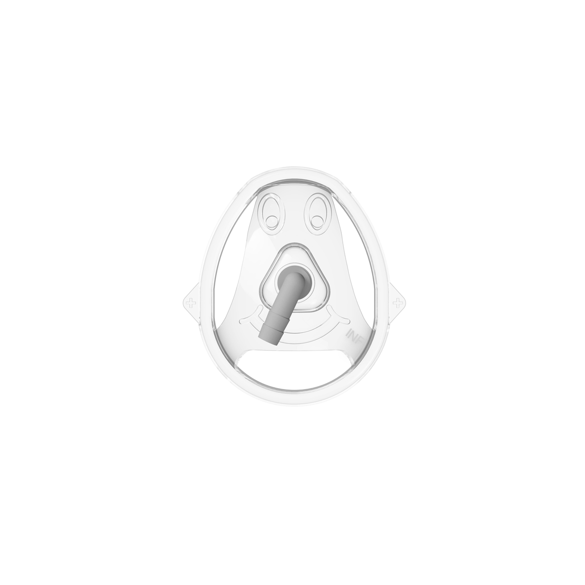 A clear pediatric oxygen mask with a cartoon face design, viewed from the front, isolated on a white background.