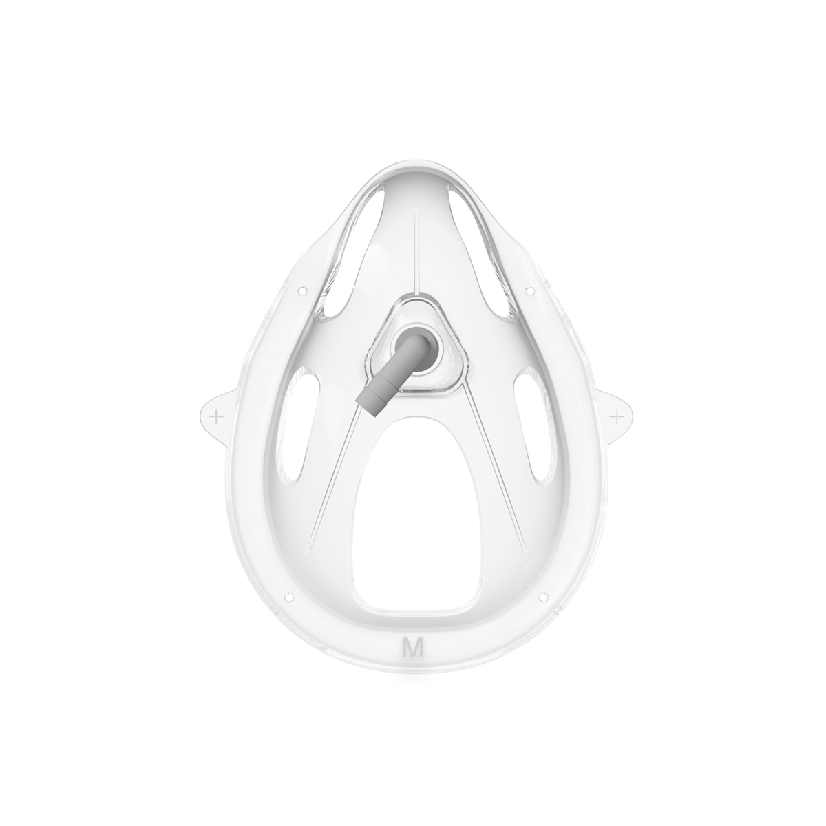 White plastic face mask component with a central valve and elongated ventilation openings, labeled "M" at the bottom.