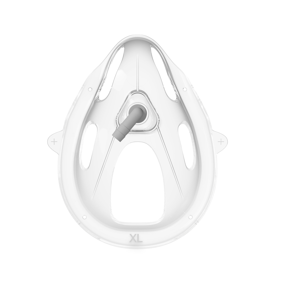 White ventilator or CPAP mask cushion labeled XL, viewed from above, with central tube connector and side vents.