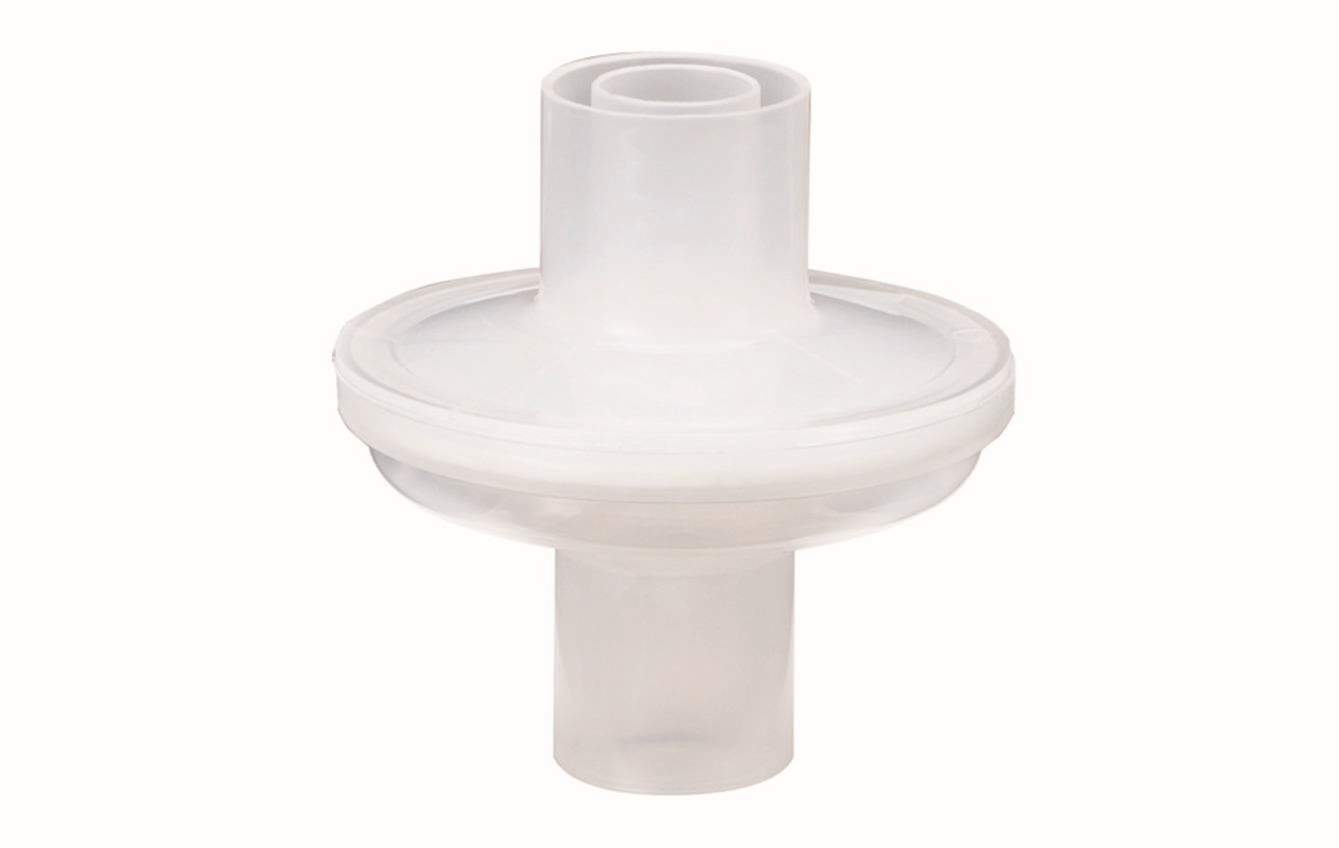 A white plastic medical filter with cylindrical connectors on the top and bottom against a white background.