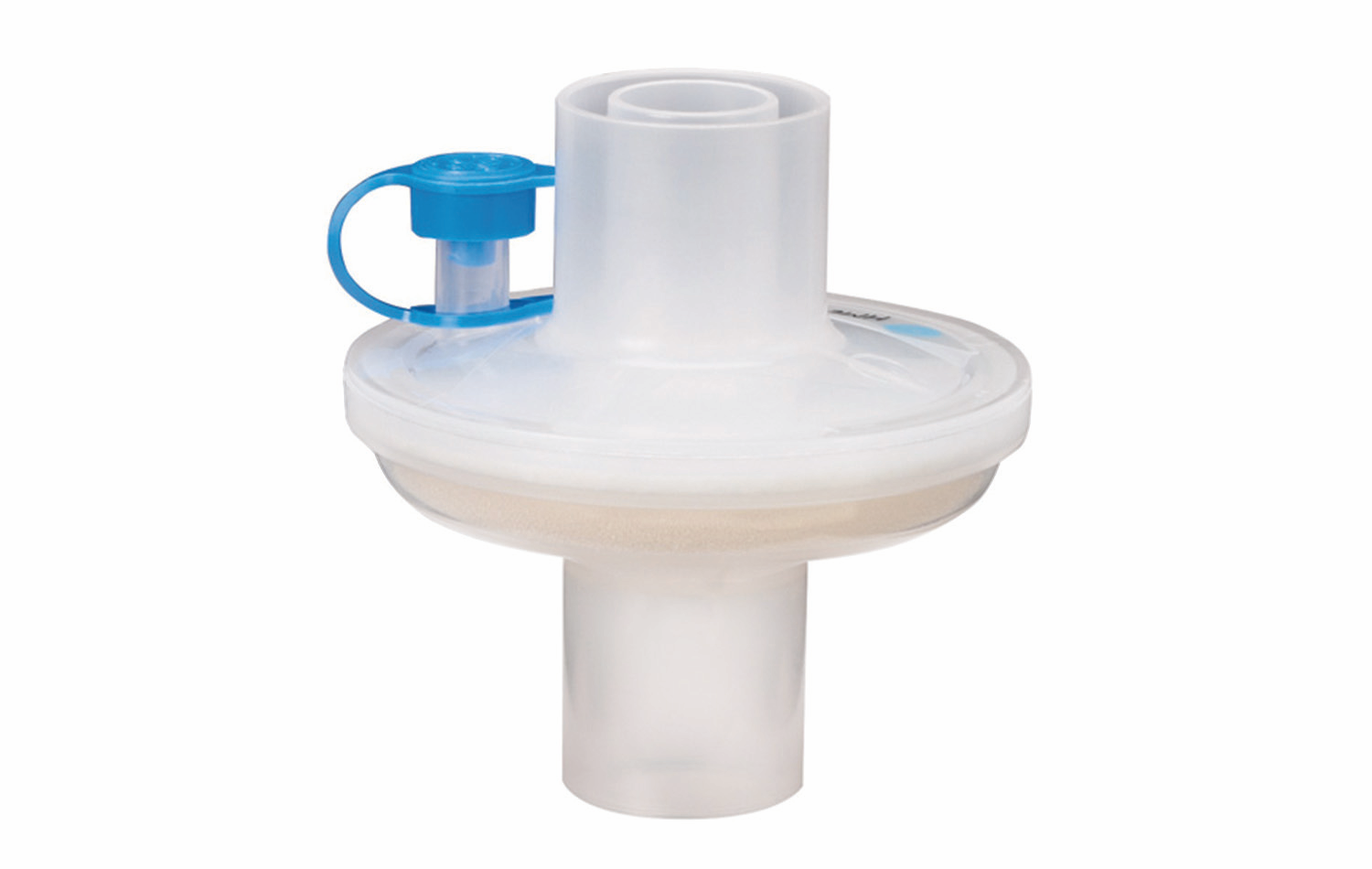 Plastic medical breathing filter with a round body and blue cap attachment, used in respiratory care.