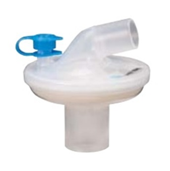 A plastic breathing filter with a blue cap, used for respiratory or medical ventilation equipment.