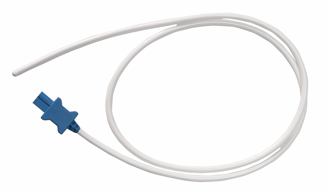 A white plastic medical tube with a blue connector on one end, coiled on a white background.