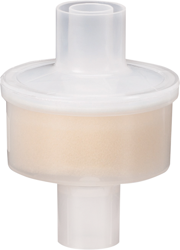 Plastic cylindrical breathing or medical filter with a clear casing and internal beige filter material.