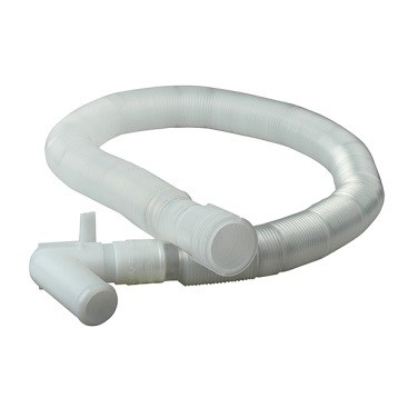 Flexible white plastic hose with connectors, coiled on a white background.