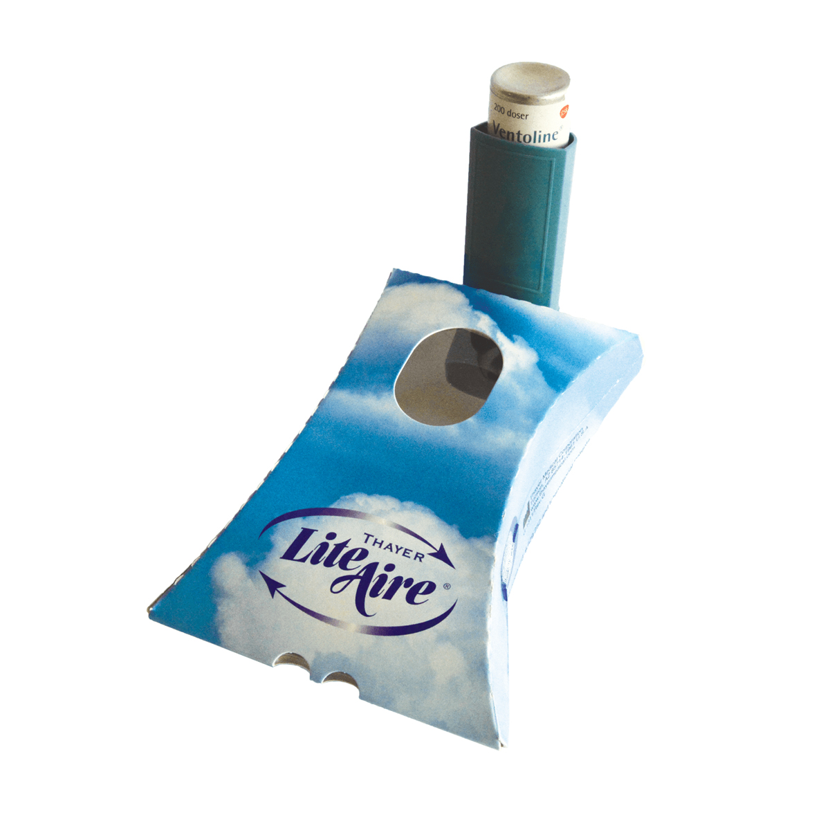 A blue LiteAire spacer with a Ventolin inhaler inserted, on a white background.