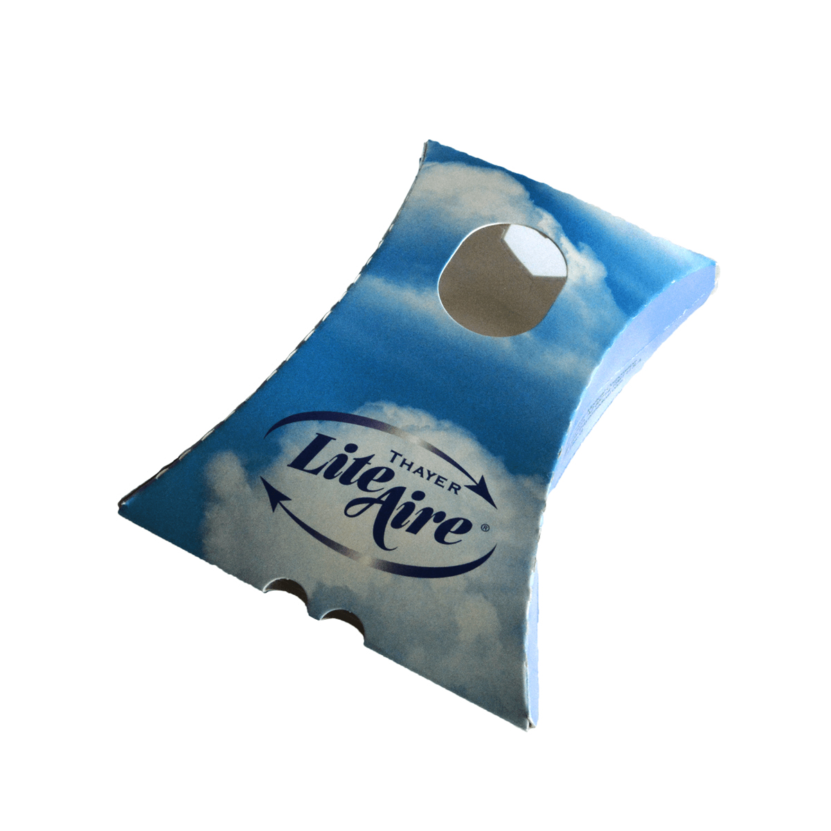 Blue and white Thayer Lite Aire cardboard holder with a sky and clouds design and a circular hole.